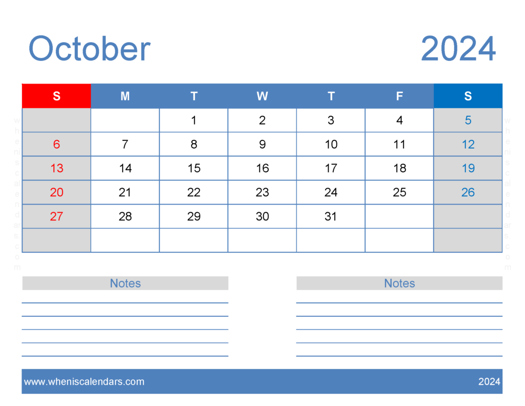 Download A4 October 2024 Calendar Letter Horizontal 104246