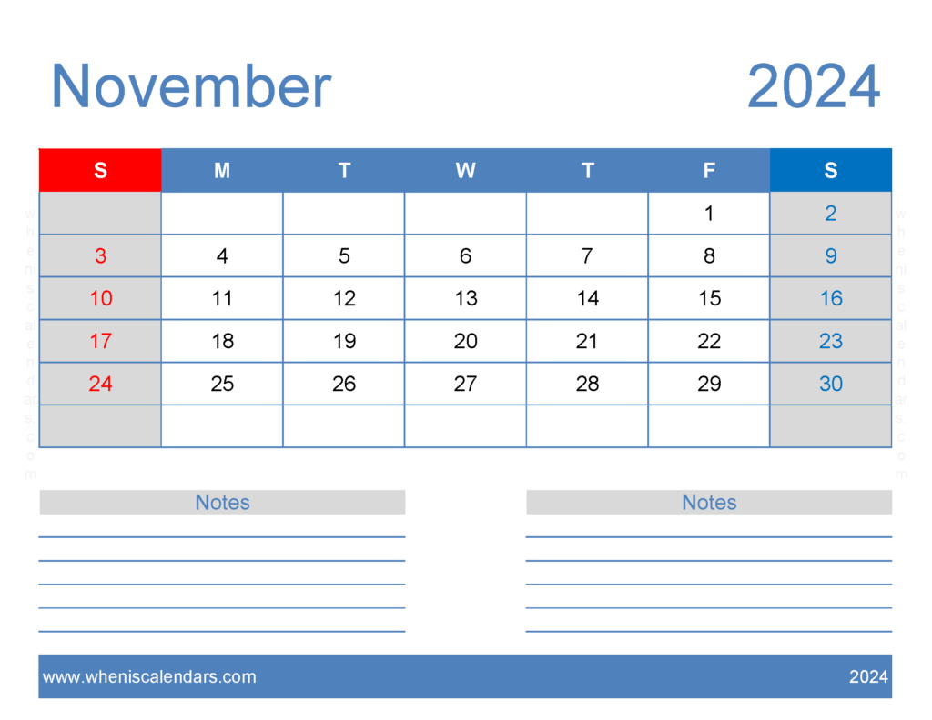 Download A4 November 2024 Calendar Letter Horizontal 114246