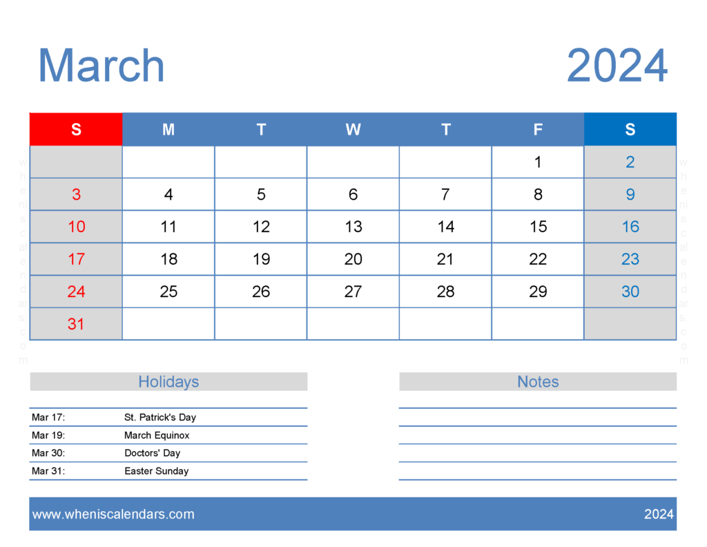 Download Free Calendar Printable March 2024 Letter Horizontal 34166