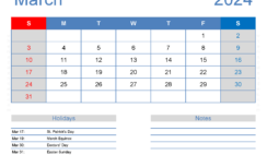 Free Calendar Printable March 2024 M3166