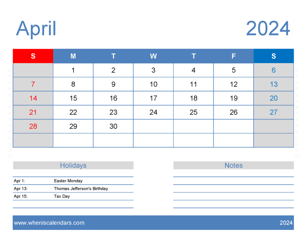 Download Free Calendar Printable April 2024 Letter Horizontal 44166