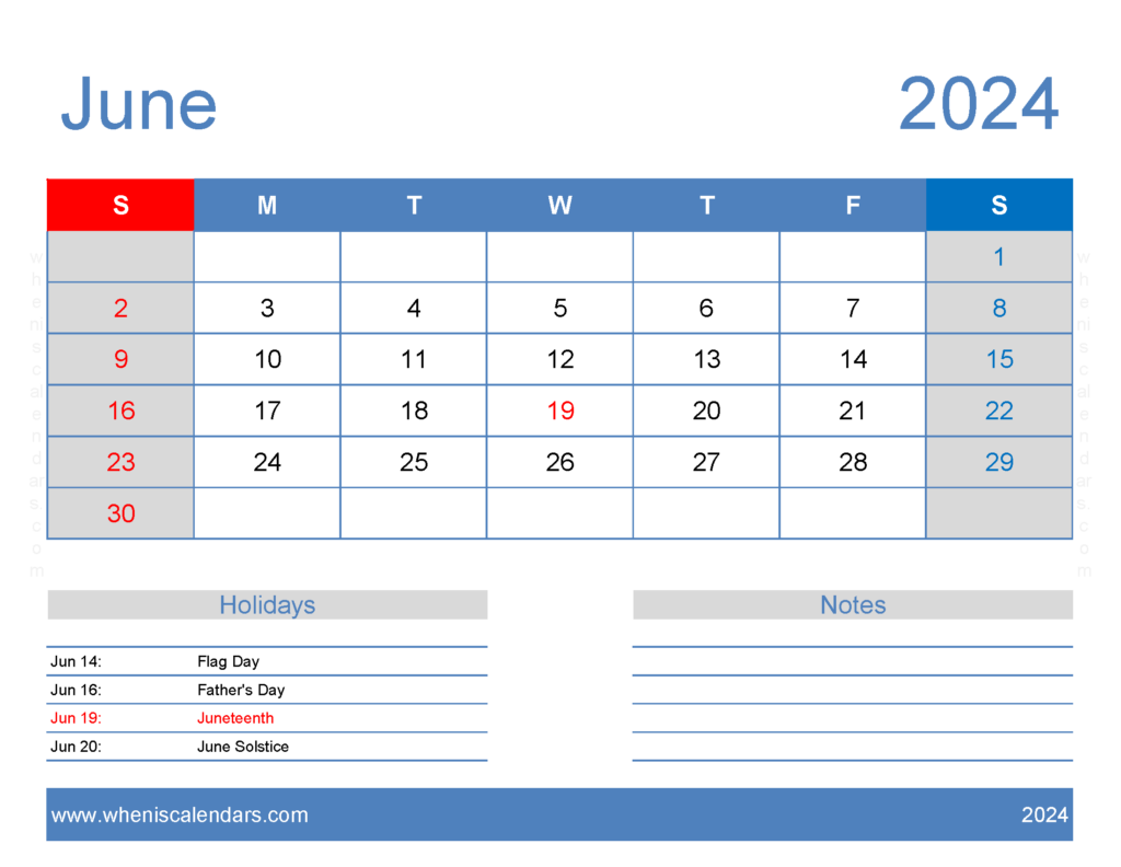 Download Free Calendar Printable June 2024 Letter Horizontal 64166