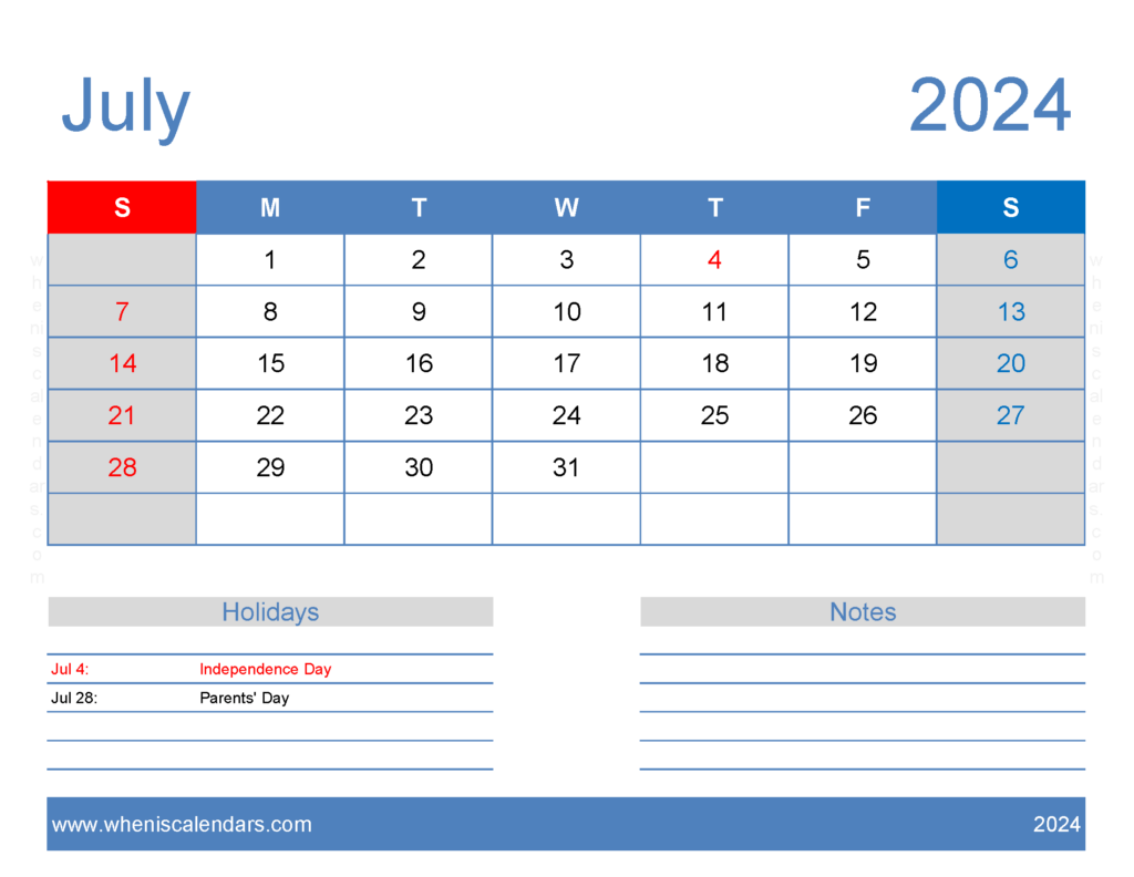 Download Free Calendar Printable July 2024 Letter Horizontal 74166