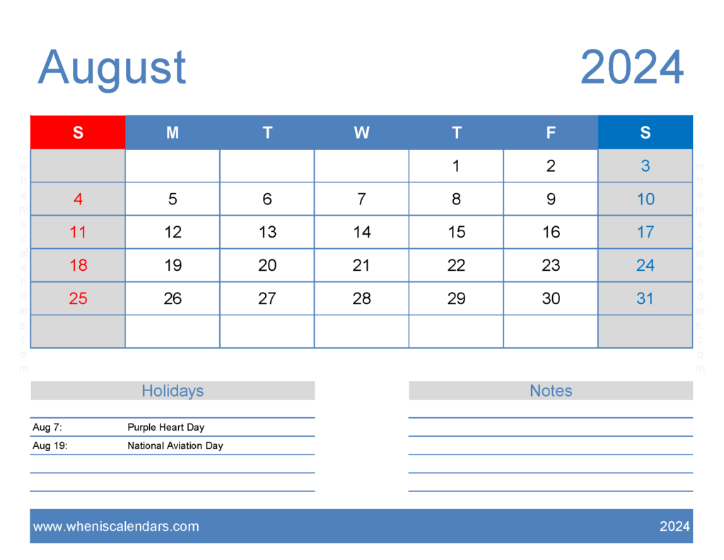 Download Free Calendar Printable August 2024 Letter Horizontal 84166