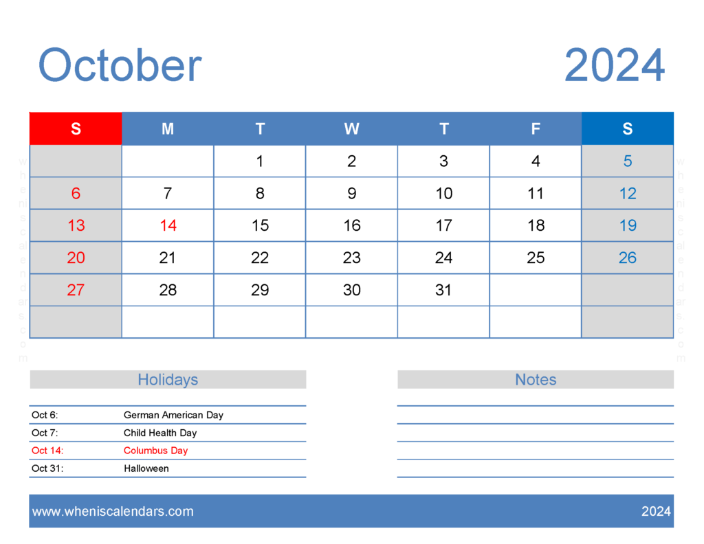 Download Free Calendar Printable October 2024 Letter Horizontal 104166