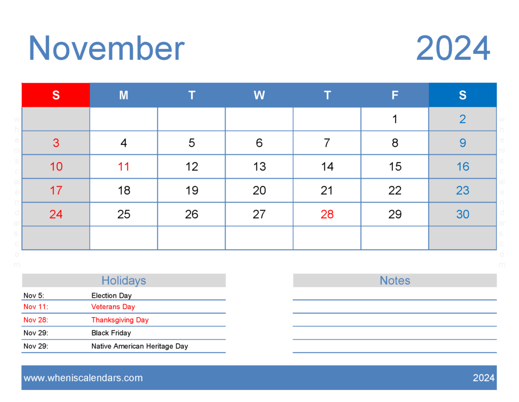 Download Free Calendar Printable November 2024 Letter Horizontal 114166