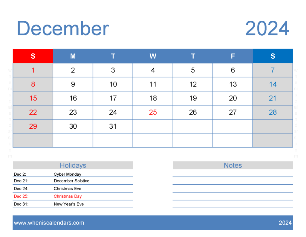 Download Free Calendar Printable December 2024 Letter Horizontal 124166