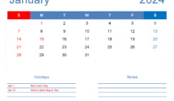 Download Calendar Template 2024 January Letter Horizontal J4167