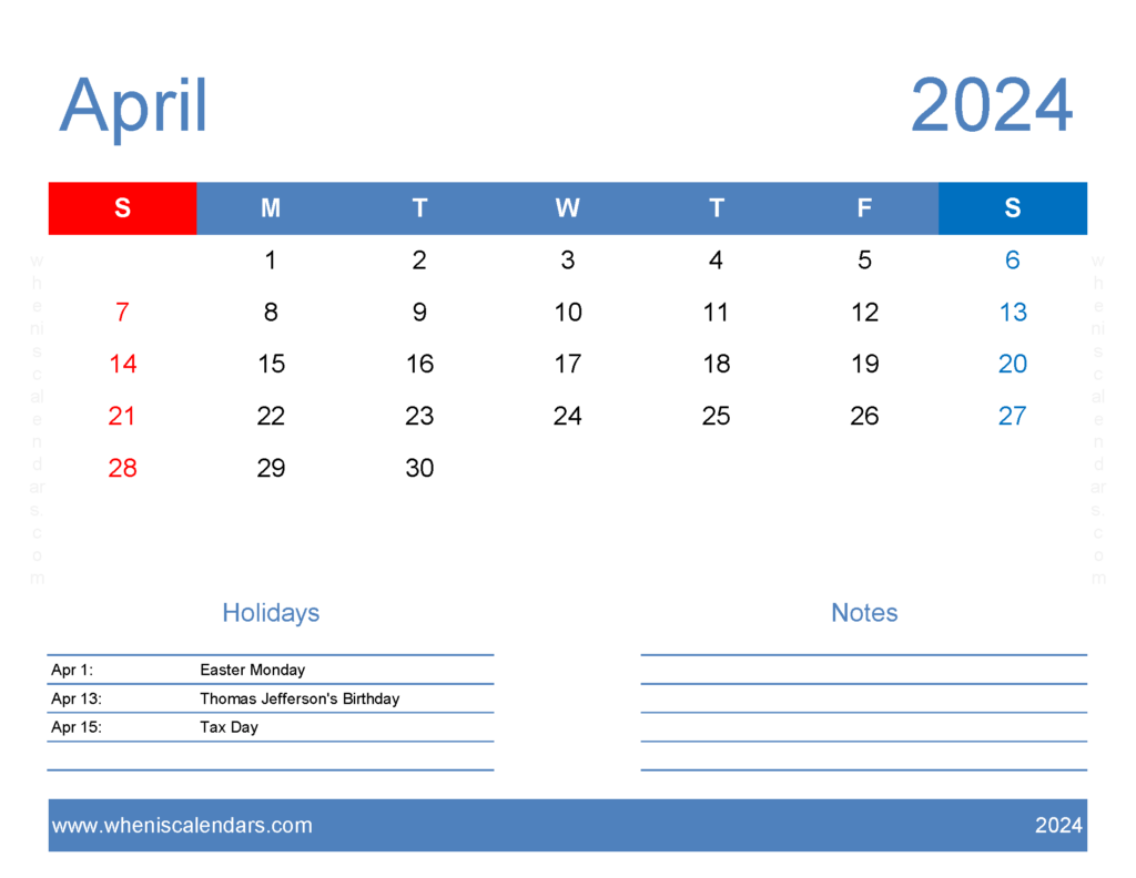 Download Calendar Template 2024 April Letter Horizontal 44167