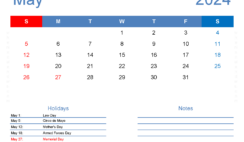 Calendar Template 2024 May M5167