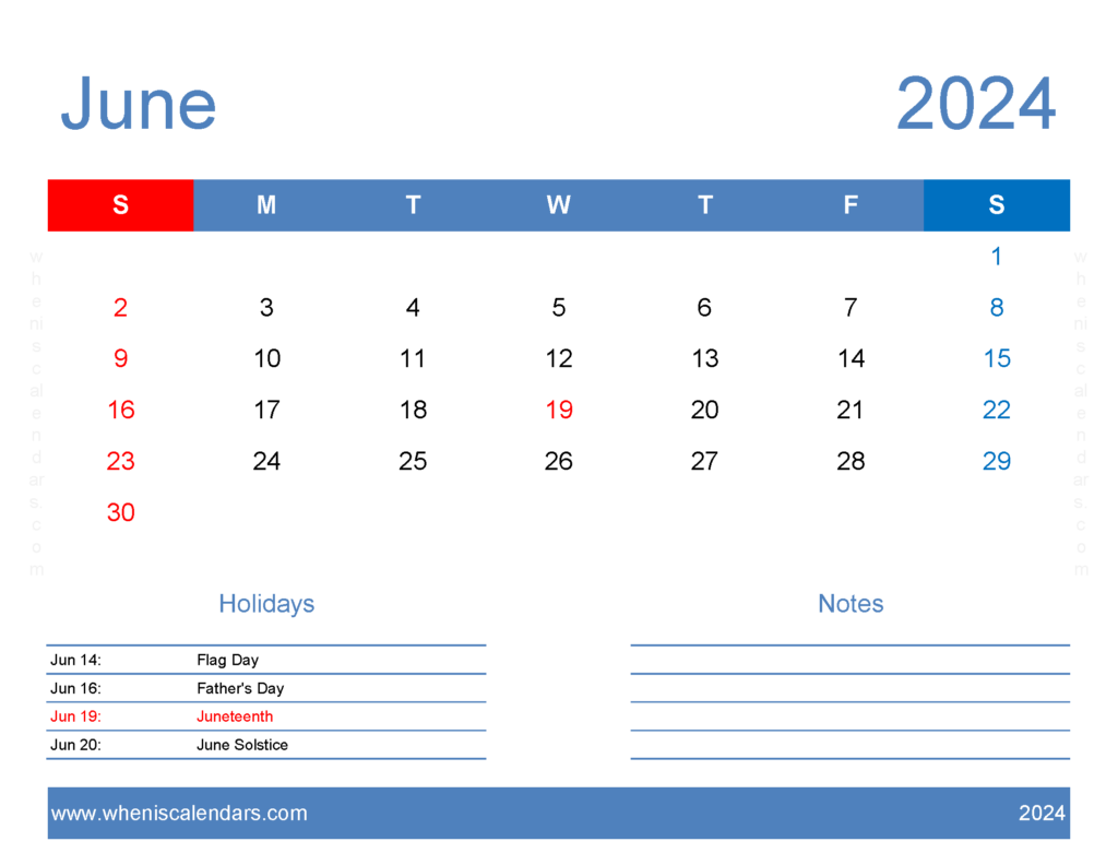 Download Calendar Template 2024 June Letter Horizontal 64167