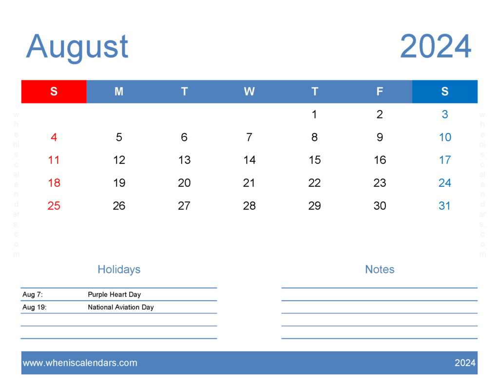 Download Calendar Template 2024 August Letter Horizontal 84167