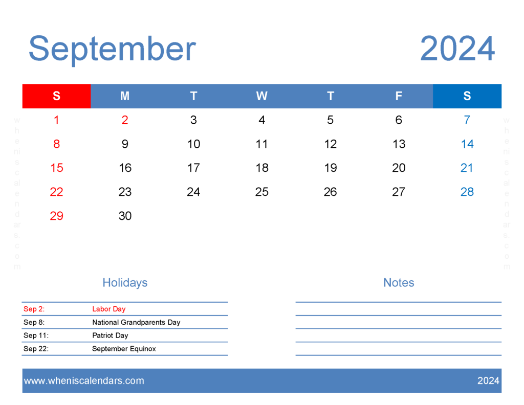 Download Calendar Template 2024 September Letter Horizontal 94167