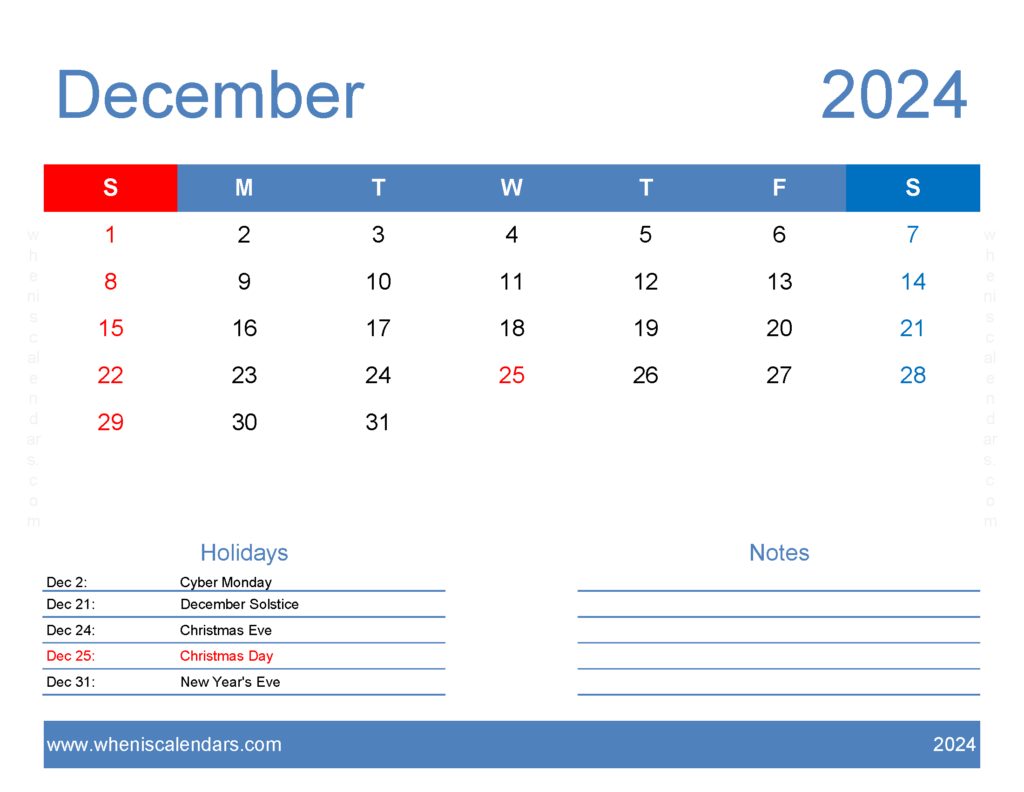Download Calendar Template 2024 December Letter Horizontal 124167