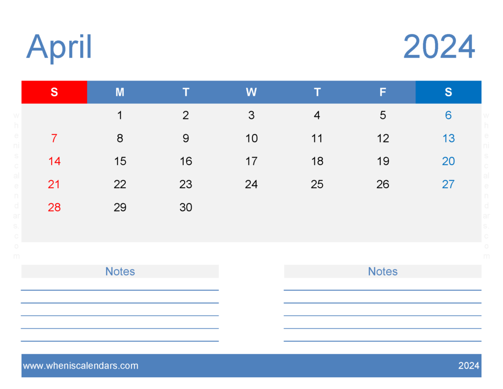 Download Printable Calendar April 2024 Free Letter Horizontal 44248