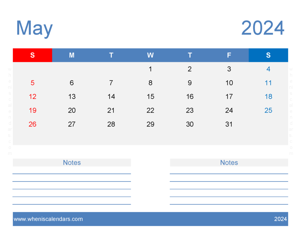 Download Printable Calendar May 2024 Free Letter Horizontal 54248