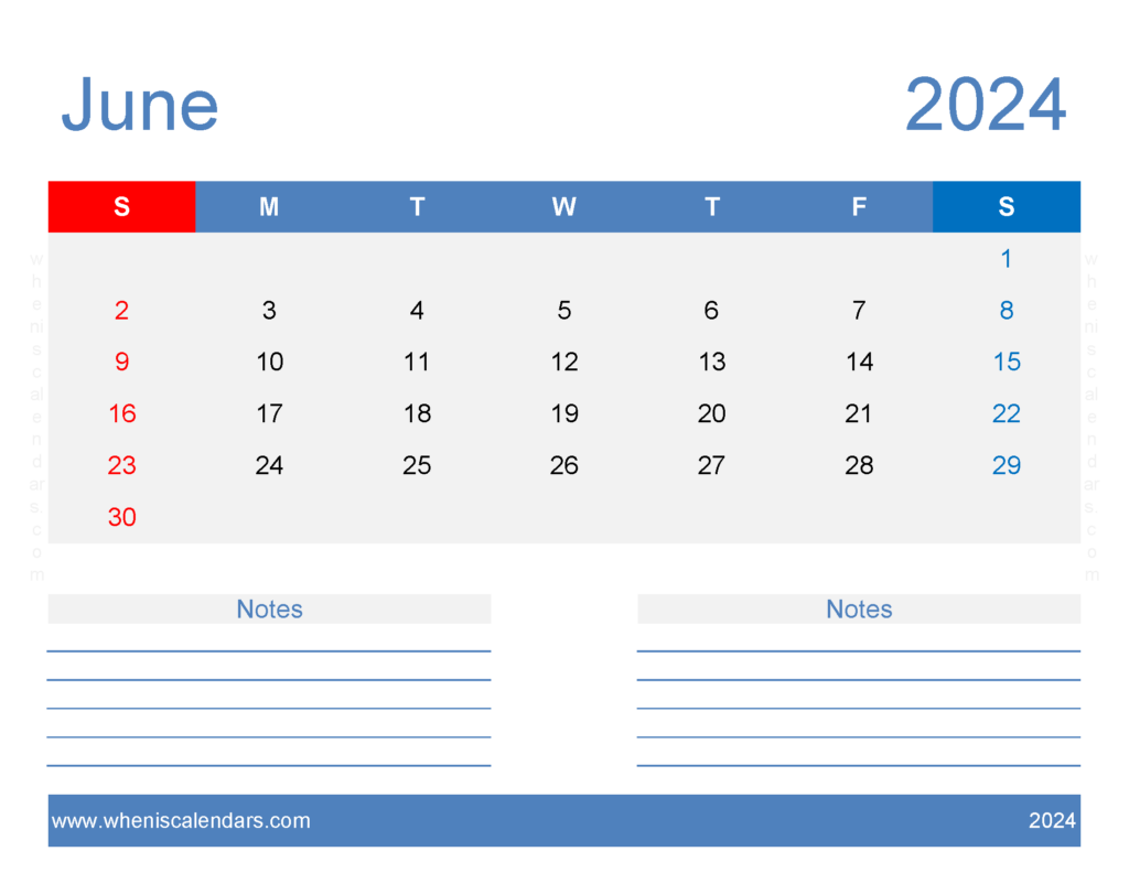 Download Printable Calendar June 2024 Free Letter Horizontal 64248