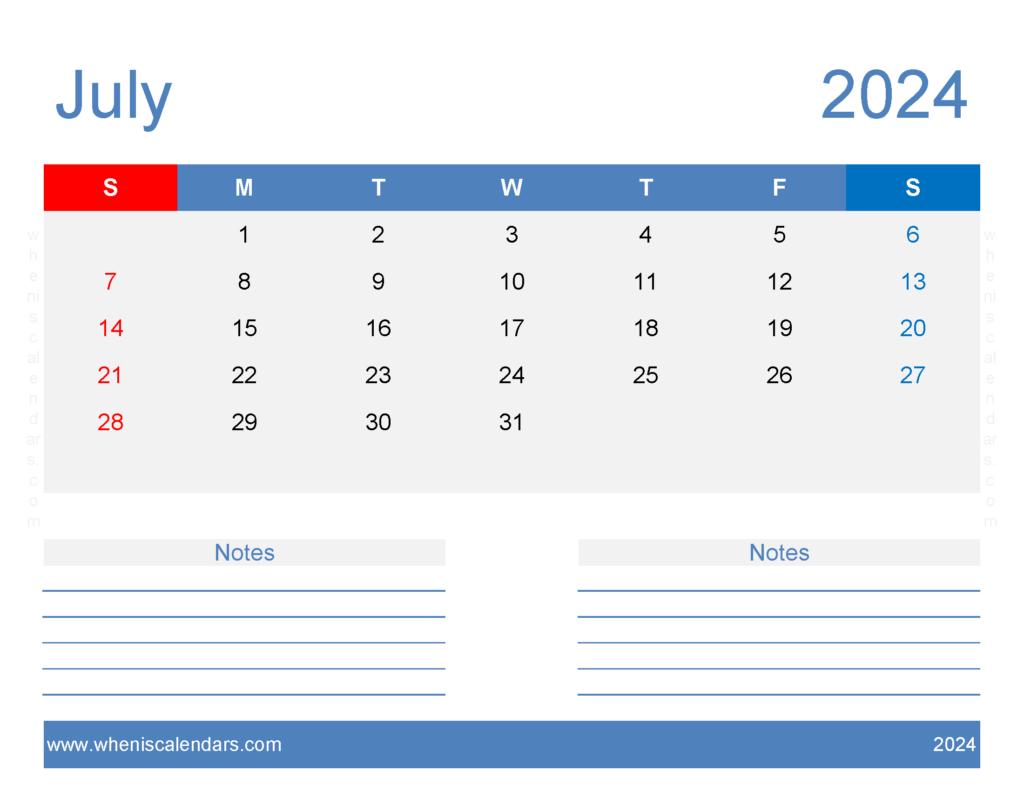 Download Printable Calendar July 2024 Free Letter Horizontal 74248