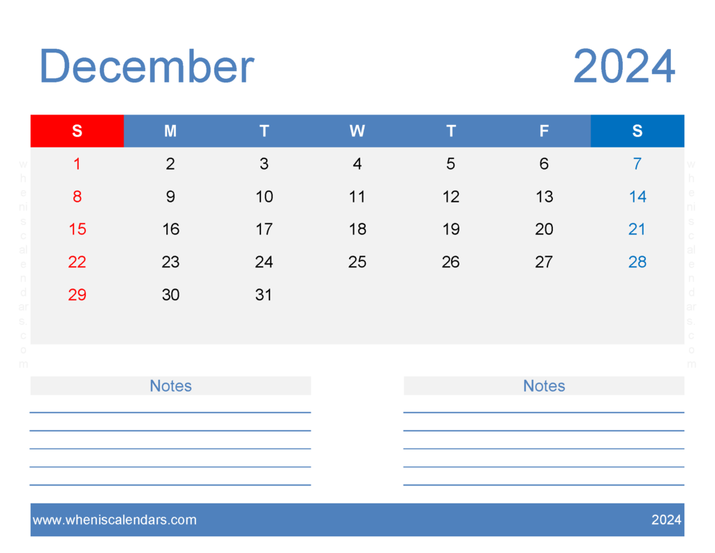 Download Printable Calendar December 2024 Free Letter Horizontal 124248