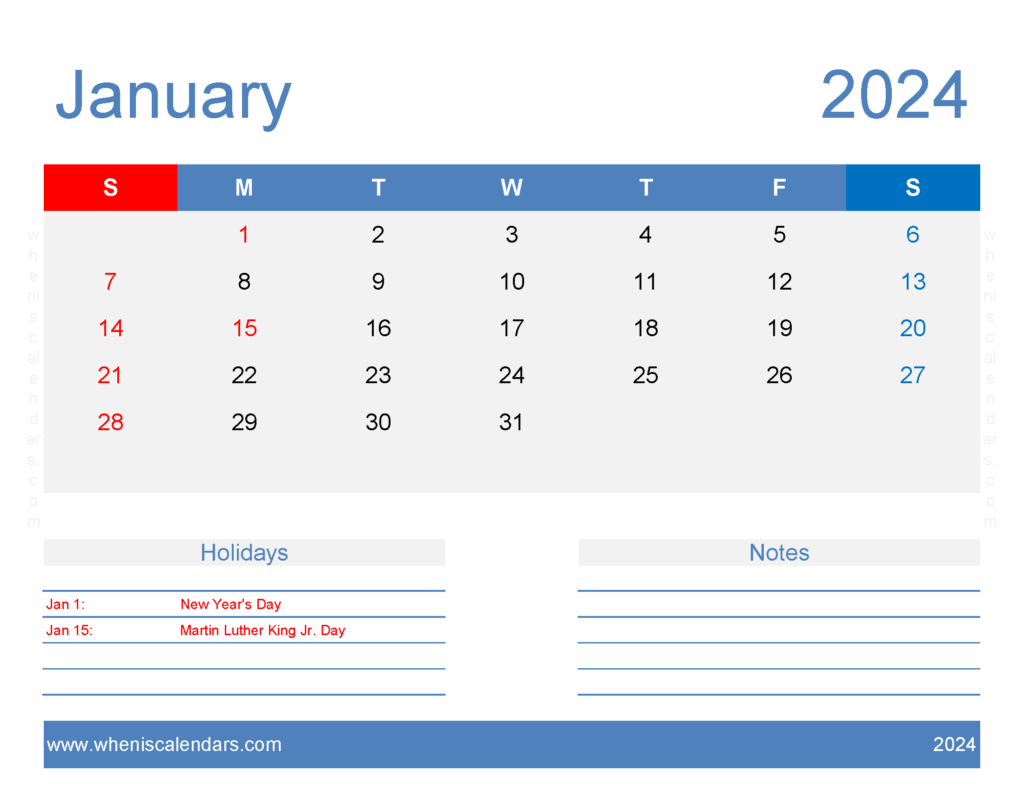 Download Blank January Calendar Template 2024 Letter Horizontal J4168