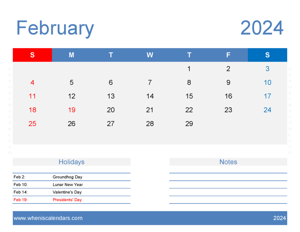 Download Blank February Calendar Template 2024 Letter Horizontal 24168