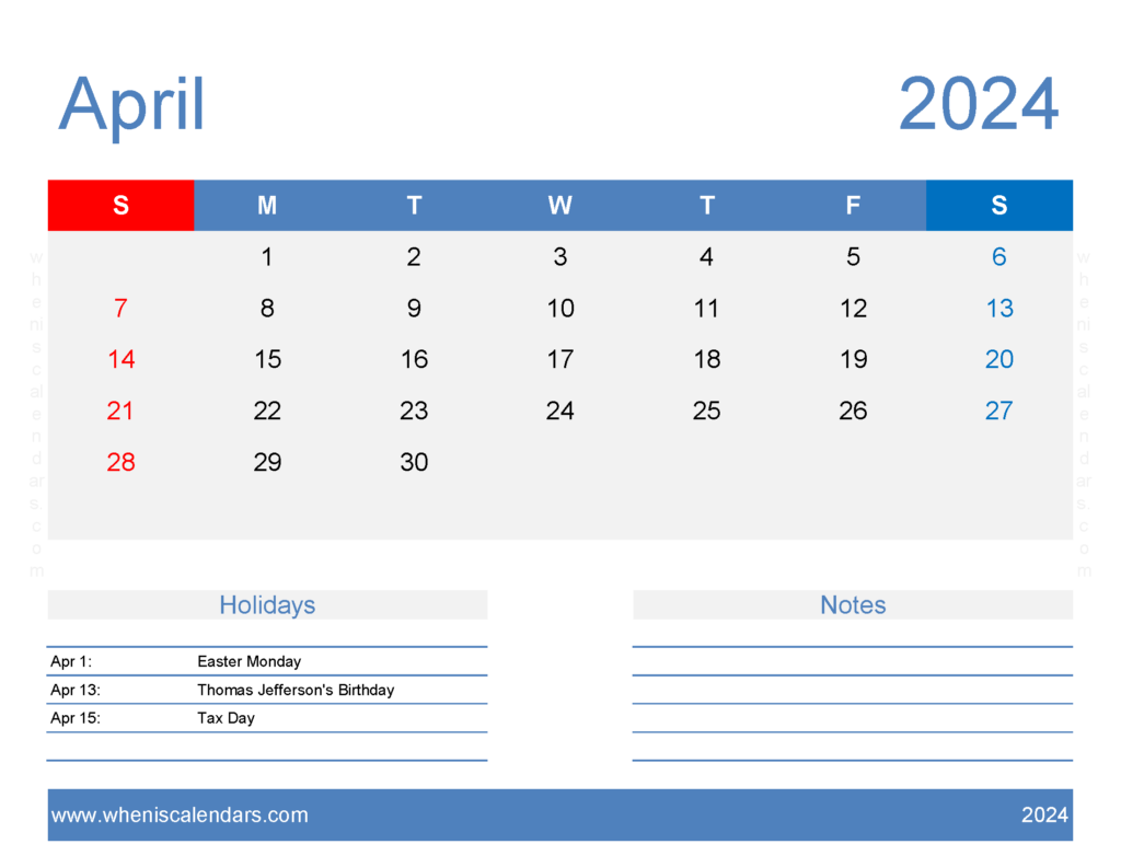 Download Blank April Calendar Template 2024 Letter Horizontal 44168
