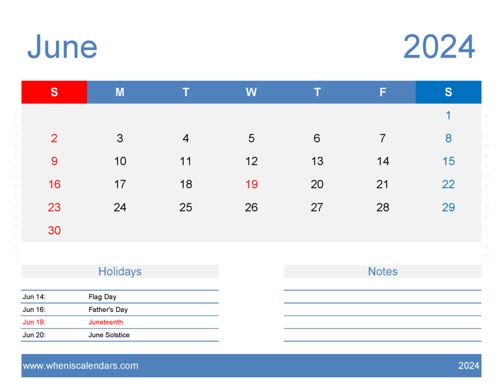 Download Blank June Calendar Template 2024 Letter Horizontal 64168