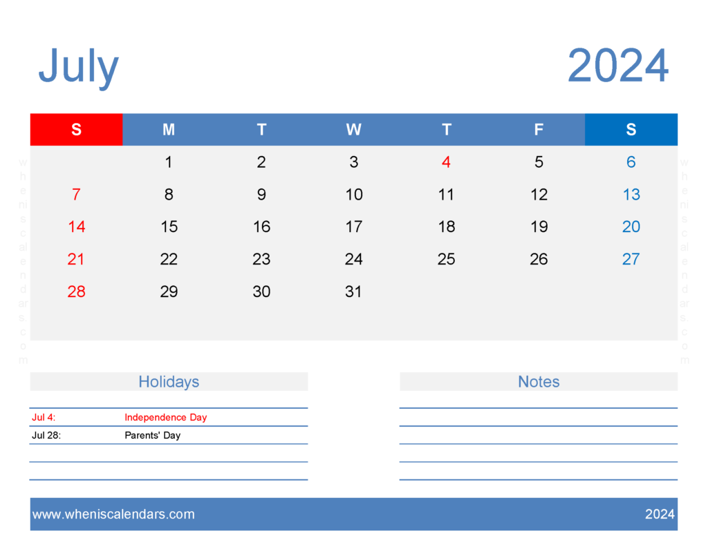 Download Blank July Calendar Template 2024 Letter Horizontal 74168