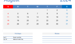 Blank August Calendar Template 2024 A8168