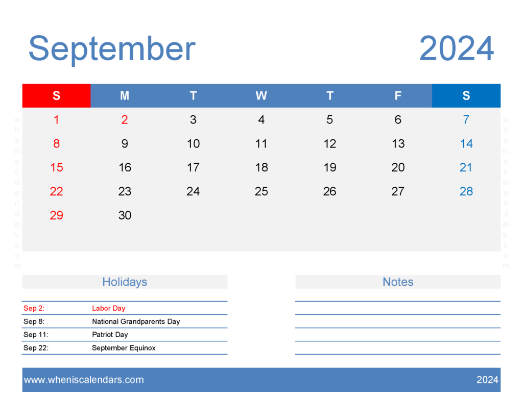 Download Blank September Calendar Template 2024 Letter Horizontal 94168