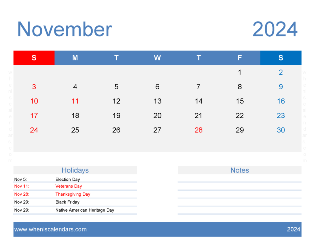 Download Blank November Calendar Template 2024 Letter Horizontal 114168