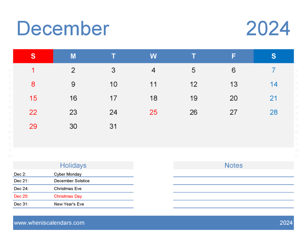 Download Blank December Calendar Template 2024 Letter Horizontal 124168
