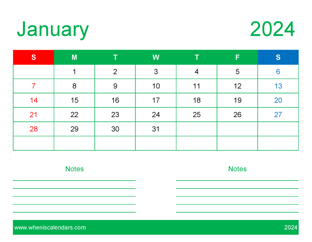 Download January 2024 Calendar Printable word Letter Horizontal J4249