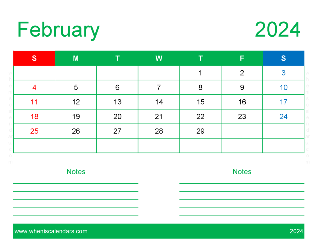 Download February 2024 Calendar Printable word Letter Horizontal 24249