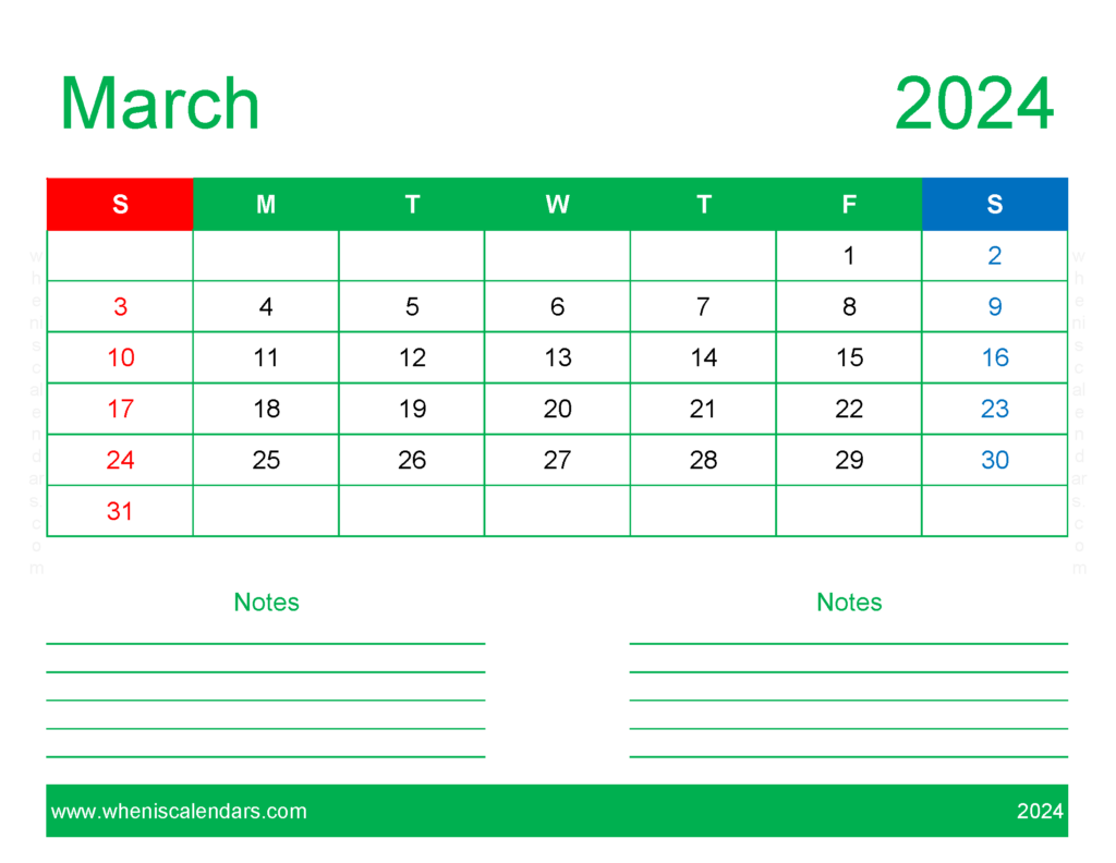 Download March 2024 Calendar Printable word Letter Horizontal 34249