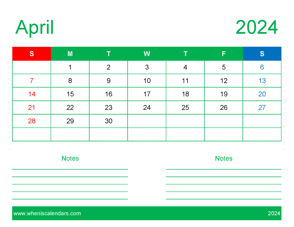 Download April 2024 Calendar Printable word Letter Horizontal 44249