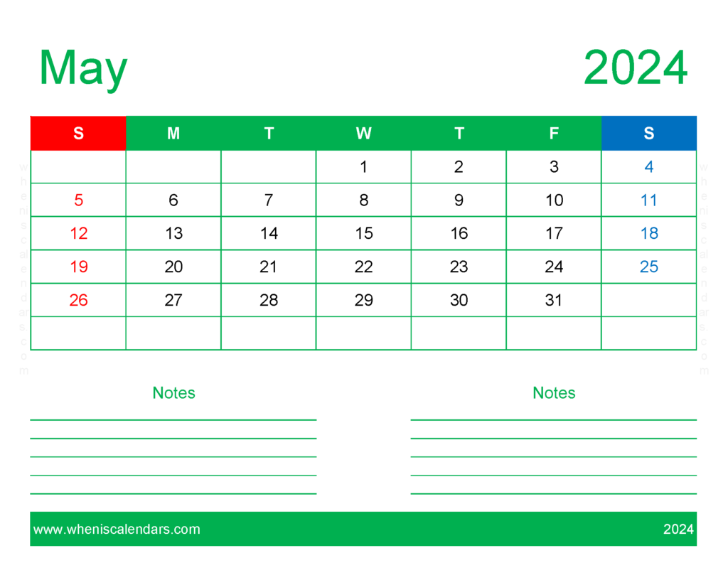 Download May 2024 Calendar Printable word Letter Horizontal 54249