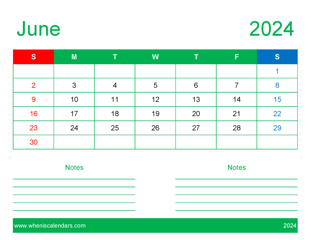 Download June 2024 Calendar Printable word Letter Horizontal 64249