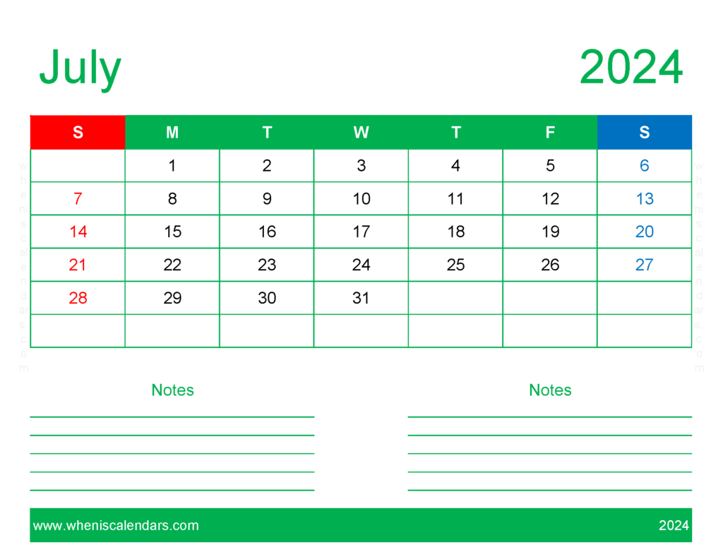 Download July 2024 Calendar Printable word Letter Horizontal 74249