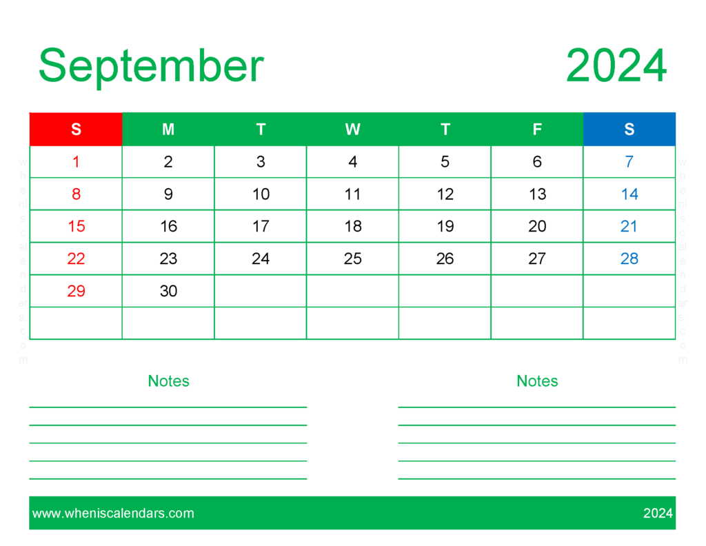 Download September 2024 Calendar Printable word Letter Horizontal 94249