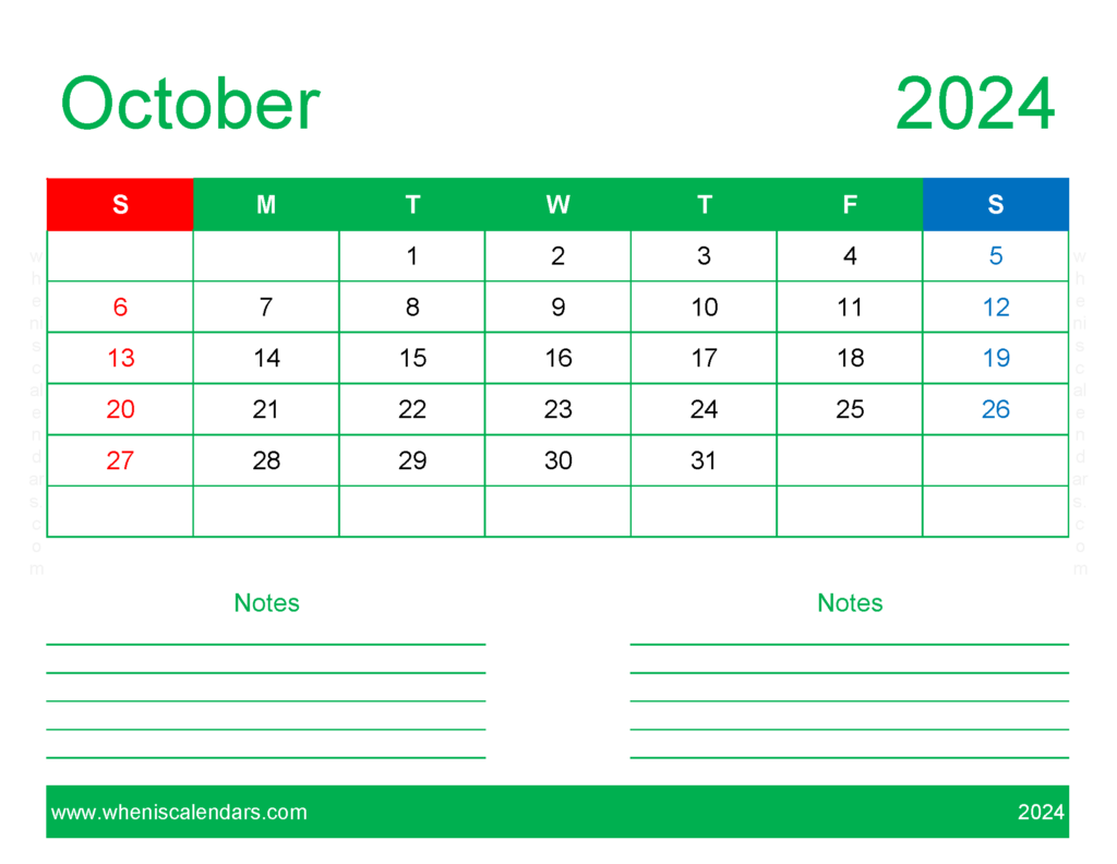 Download October 2024 Calendar Printable word Letter Horizontal 104249