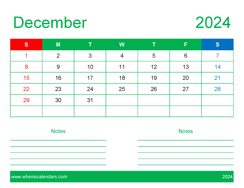 Download December 2024 Calendar Printable word Letter Horizontal 124249