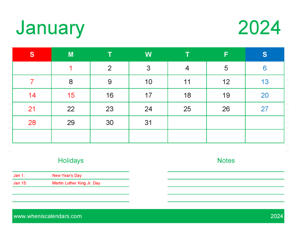 Download January 2024 Calendar to print Free Letter Horizontal J4169