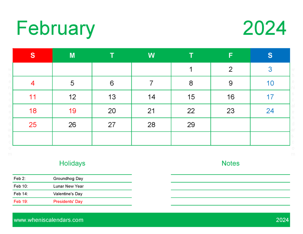 Download February 2024 Calendar to print Free Letter Horizontal 24169