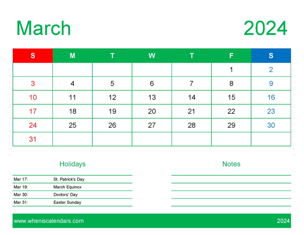 Download March 2024 Calendar to print Free Letter Horizontal 34169