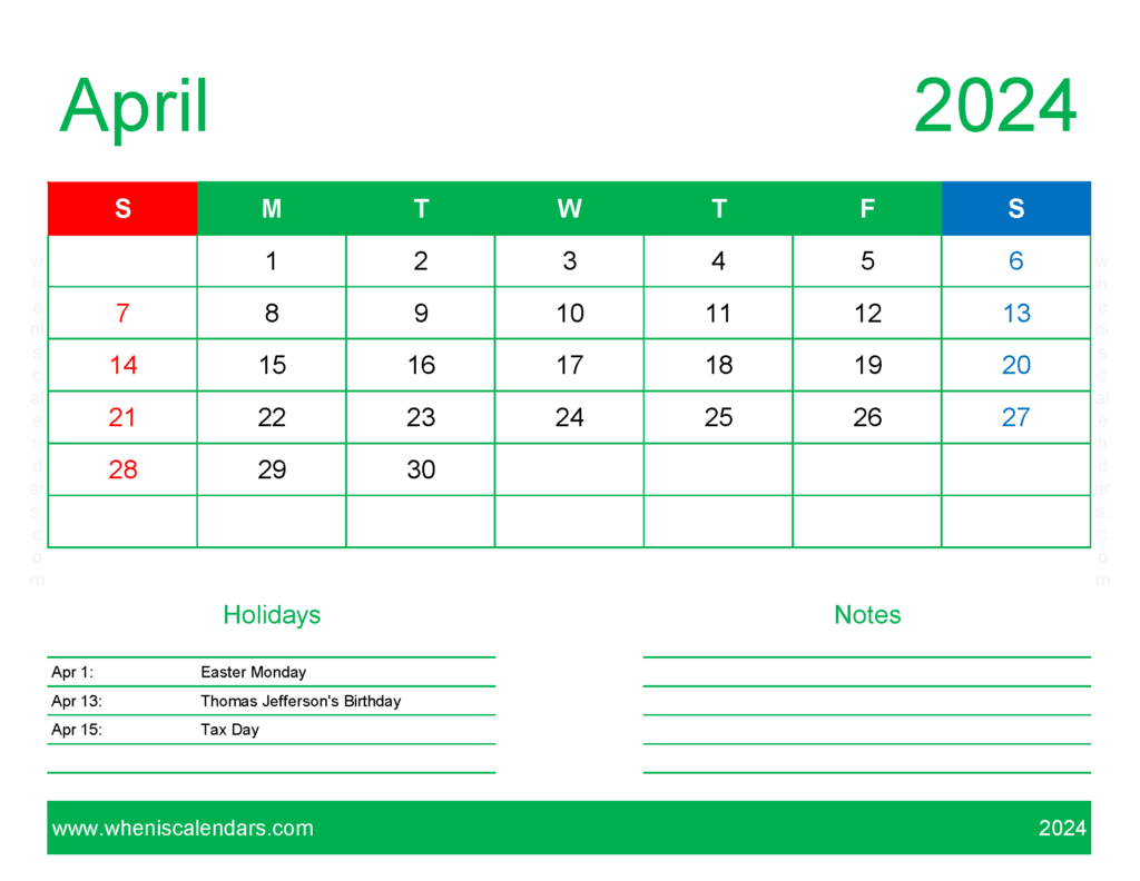 Download April 2024 Calendar to print Free Letter Horizontal 44169