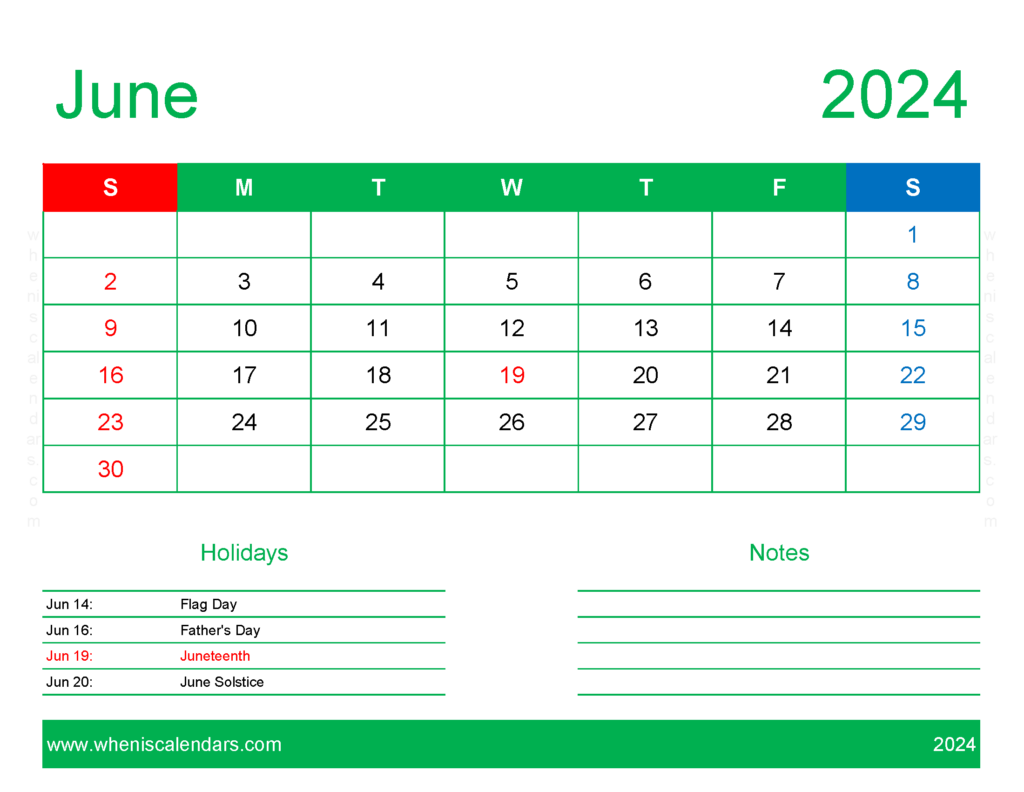 Download June 2024 Calendar to print Free Letter Horizontal 64169