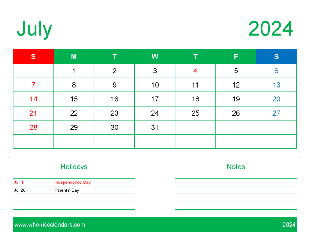Download July 2024 Calendar to print Free Letter Horizontal 74169