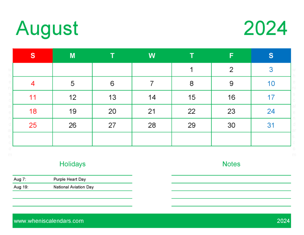 Download August 2024 Calendar to print Free Letter Horizontal 84169