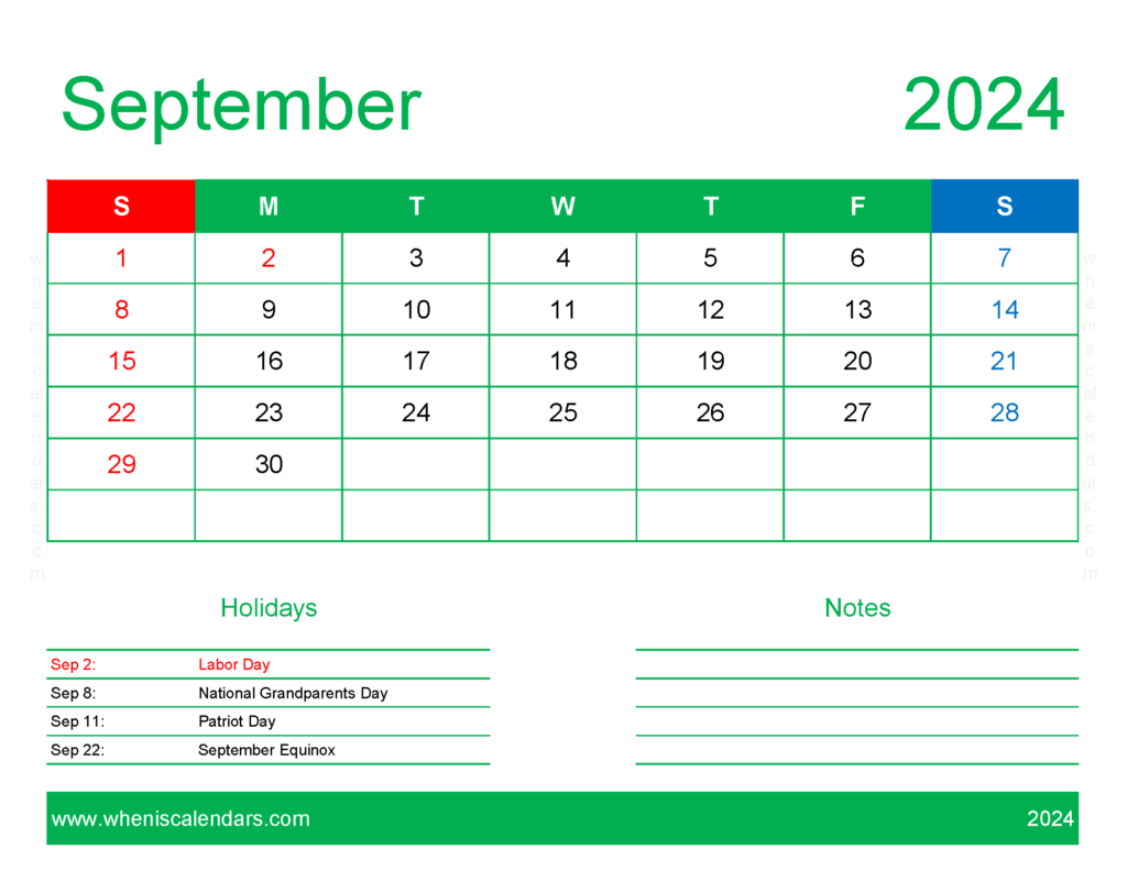 Download September 2024 Calendar to print Free Letter Horizontal 94169